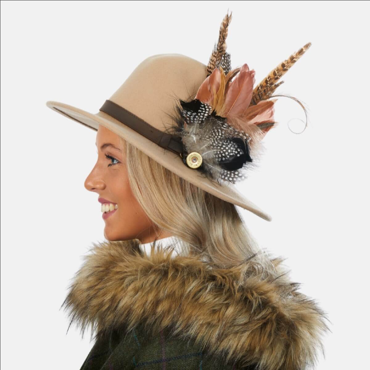 Sienna Beige Fedora Hat With Feathers Grace And Dotty