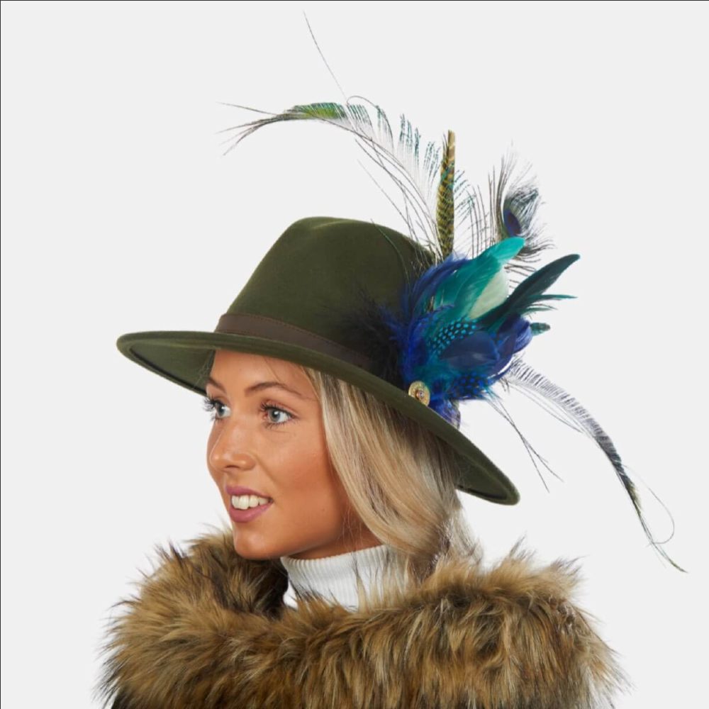 Reina Green Fedora Hat With Feathers