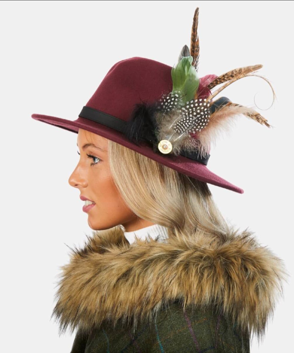 Lilah Maroon Fedora Hat With Feathers