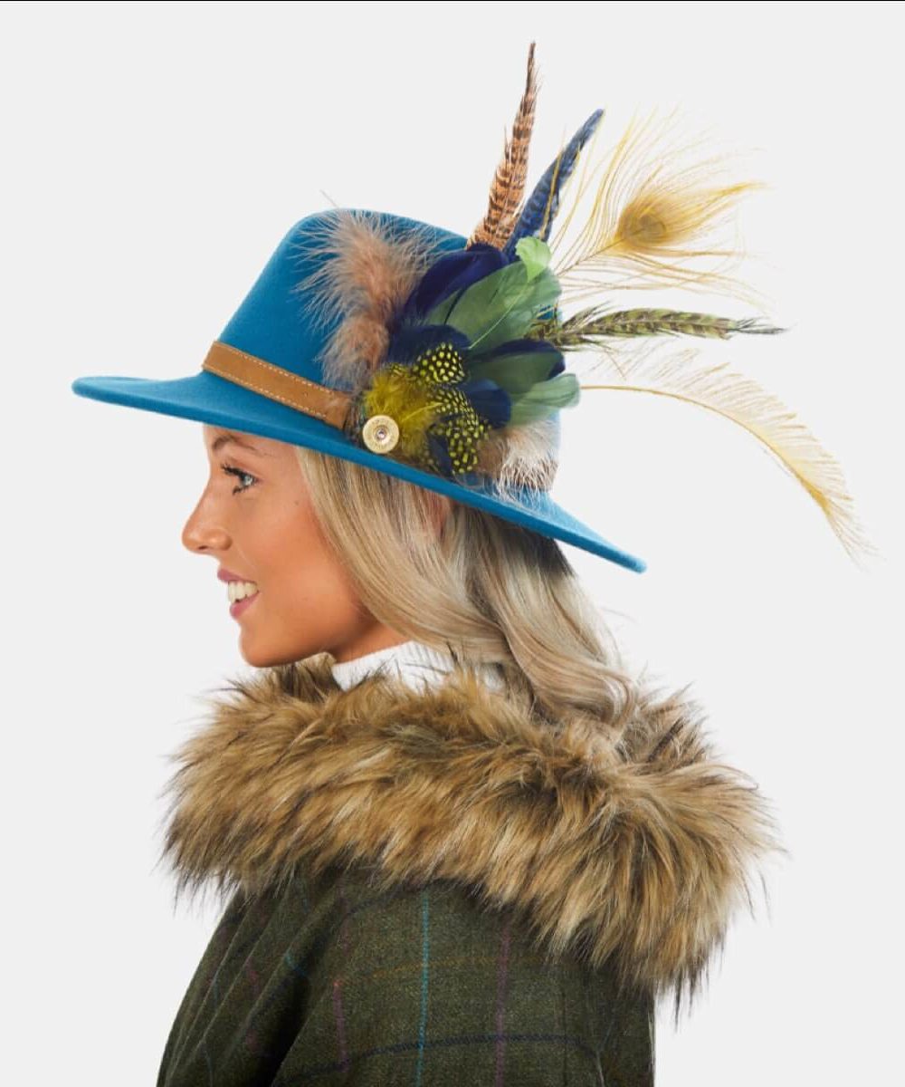 Malani Teal Fedora Hat With Feathers