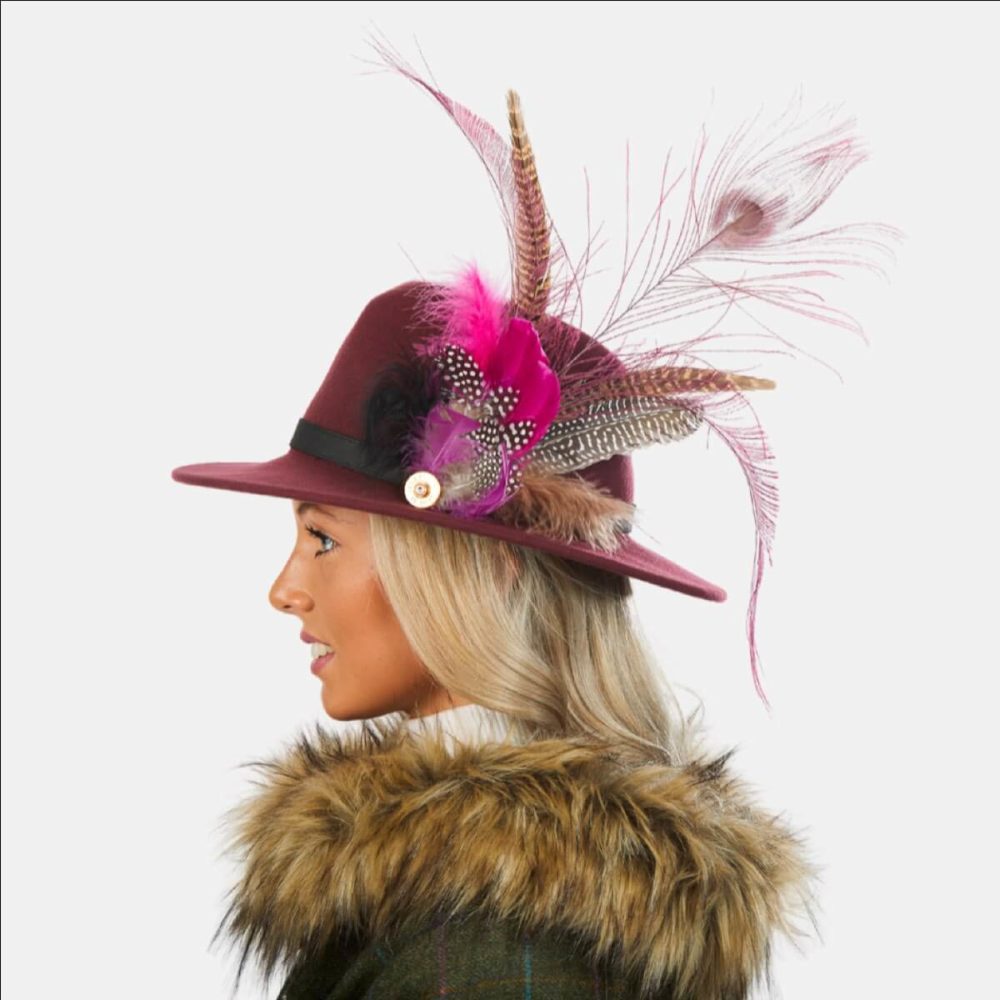Nova Maroon Fedora Hat With Feathers
