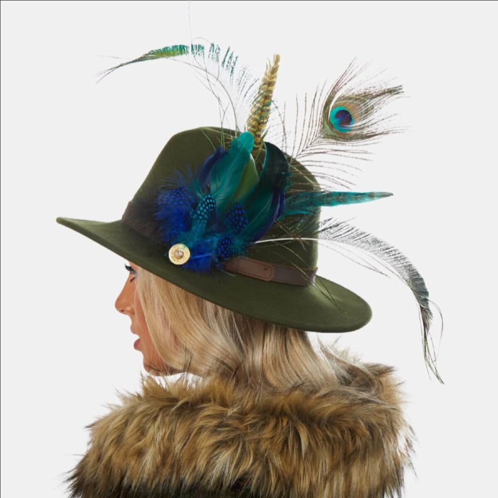 Reina Green Fedora Hat With Feathers