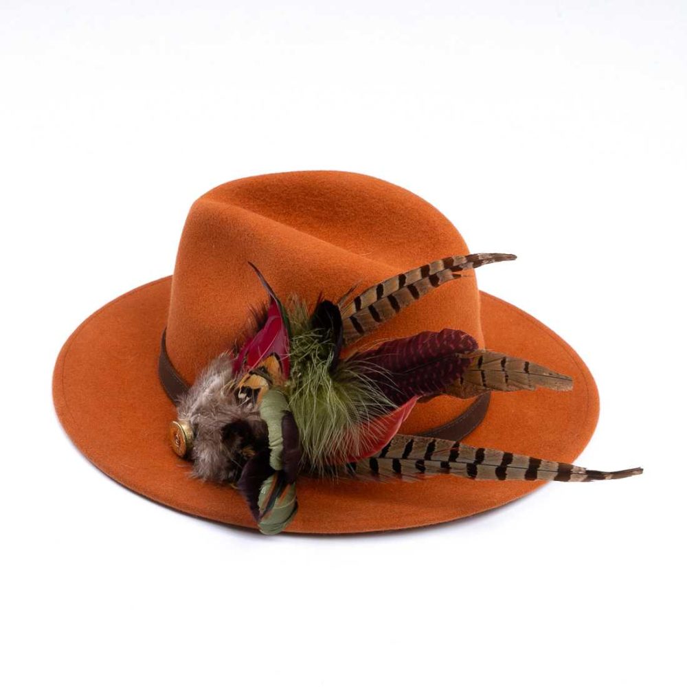Rust Fedora Hat with Feathers
