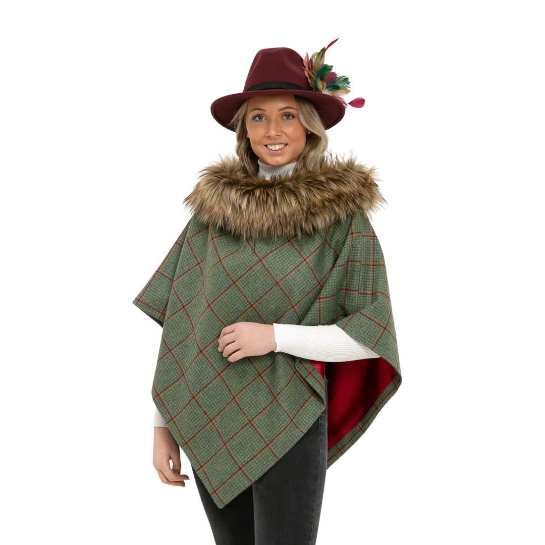 Vintage Faux Fur Collared Wool Tweed Cape 14 16