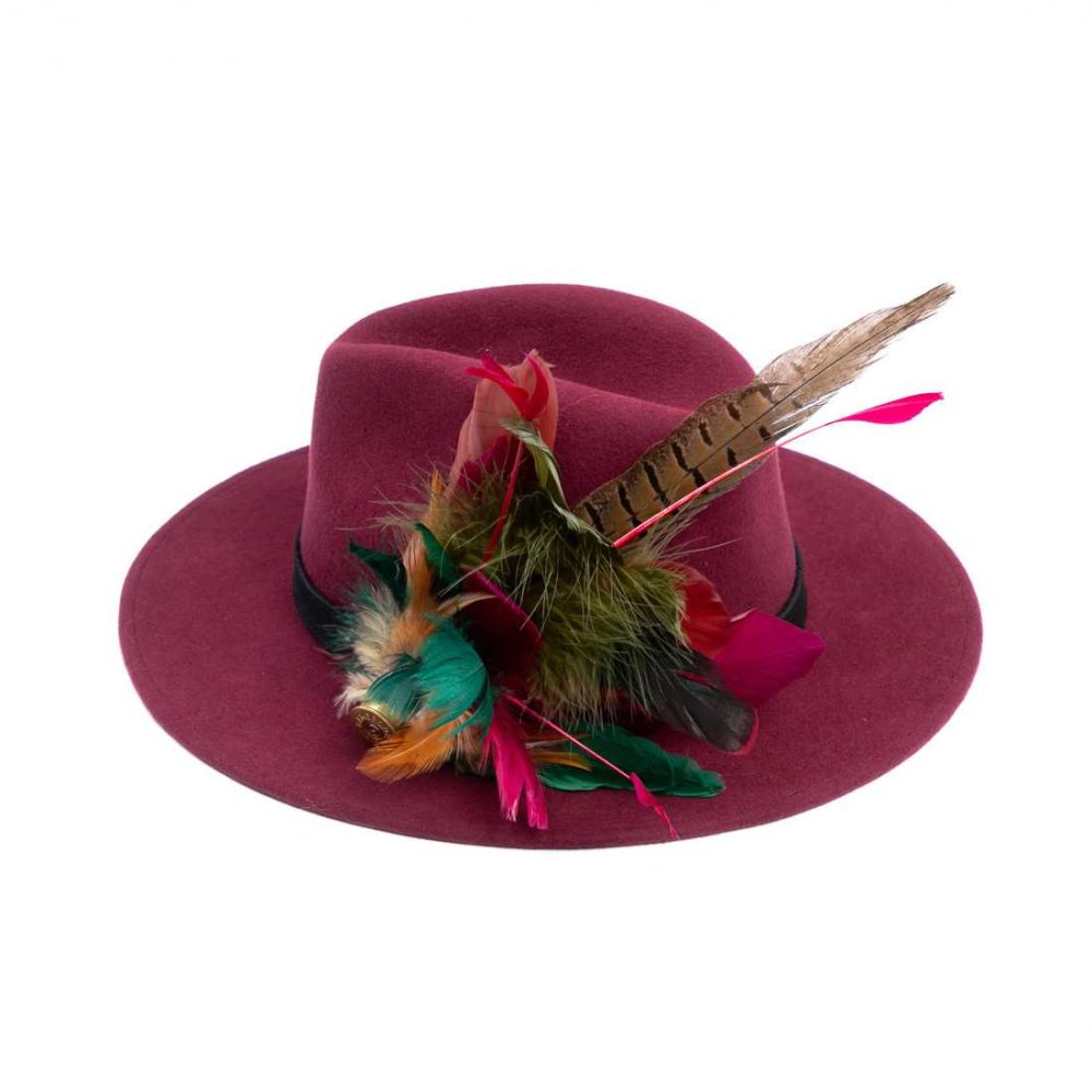Maroon Fedora with Feathers