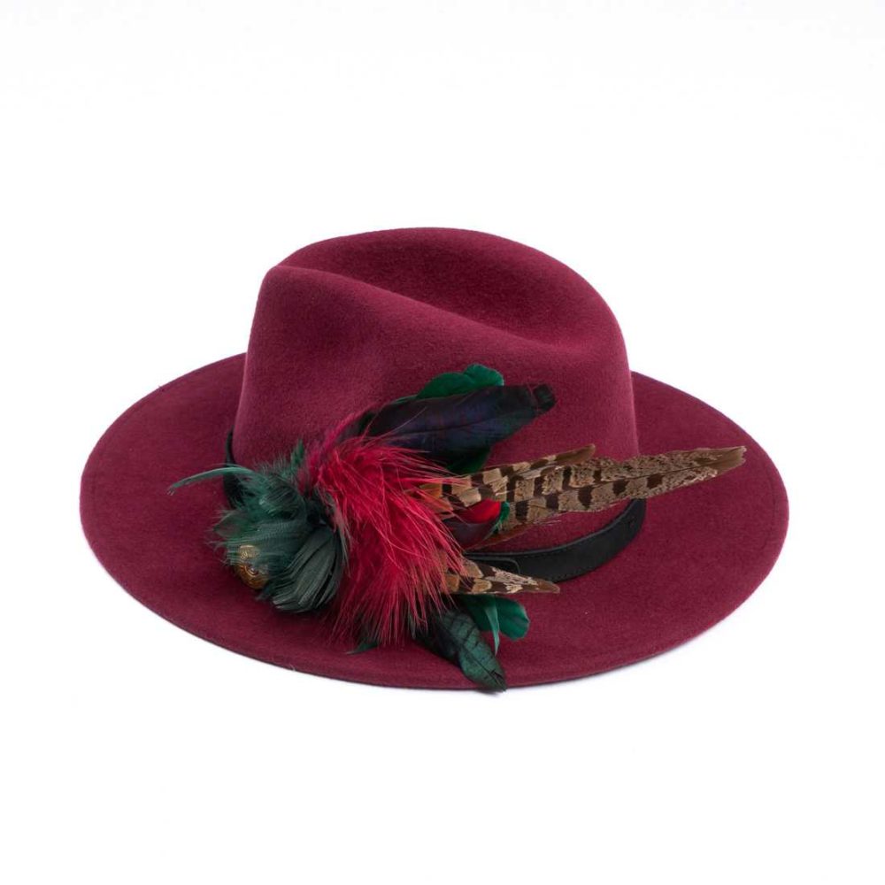 Maroon Fedora with Feathers