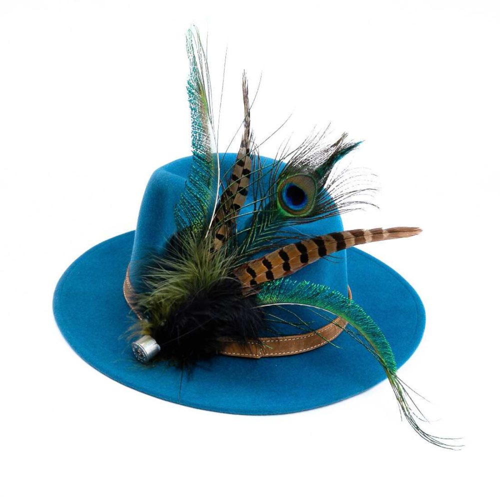 Teal Fedora with Feathers