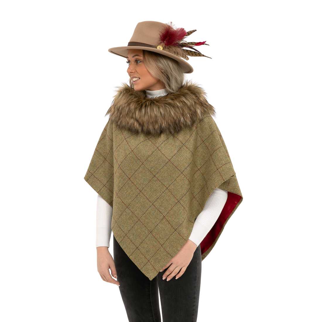 Faux Fur Collar Plaid Cape