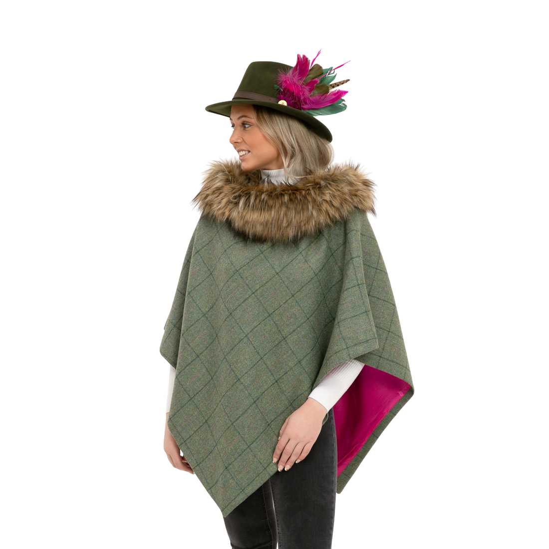Women's Faux Fur Trim Cardigan Poncho - One Size Cape With Fur Sleeve Cuffs