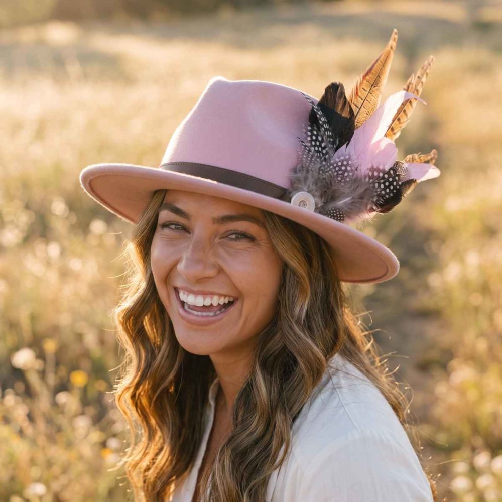Pale Pink Fedora with Feathers