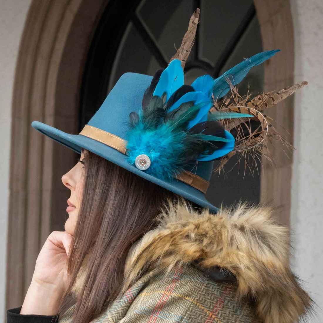 Nancy Traditional Teal Fedora with Feathers
