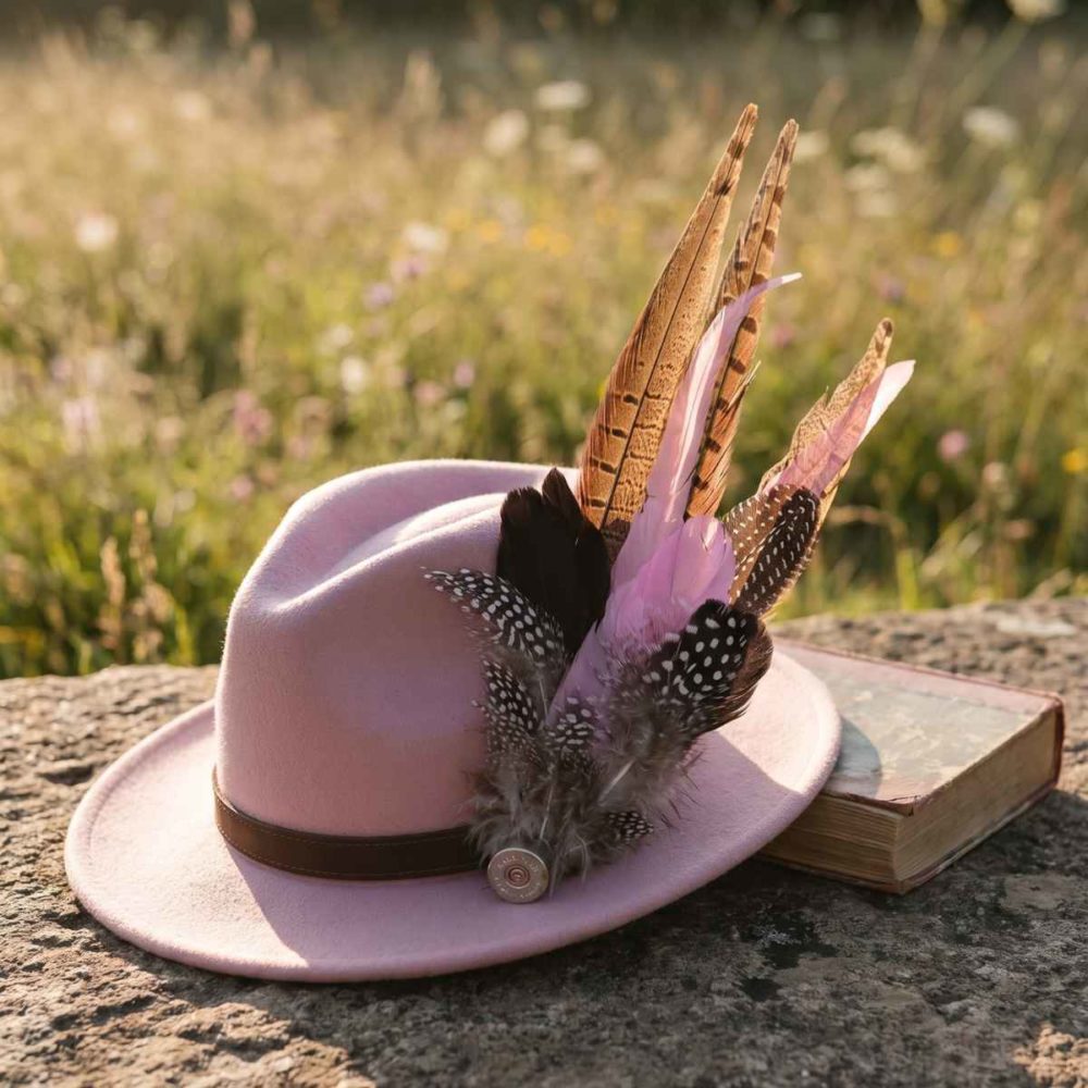 Still Life Web Pale Pink Fedora with Feathers