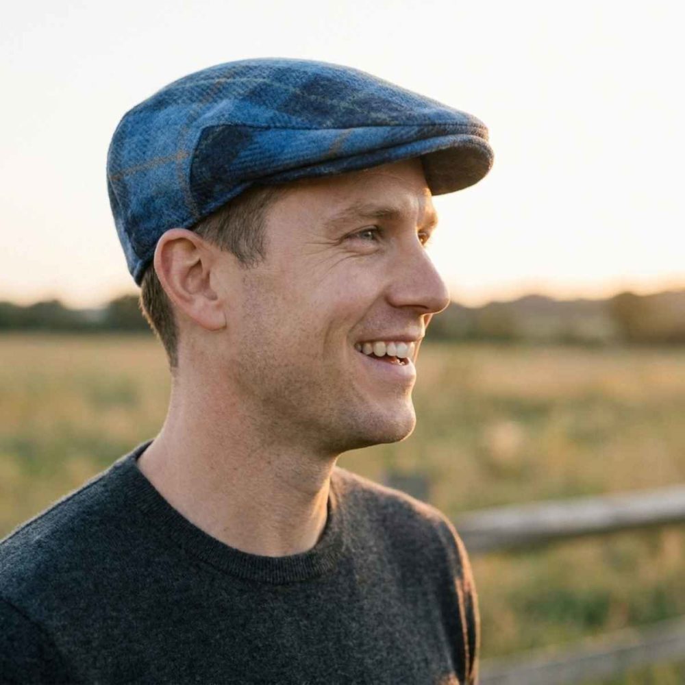 Reduced 1 Blue Check Traditional Flat Cap