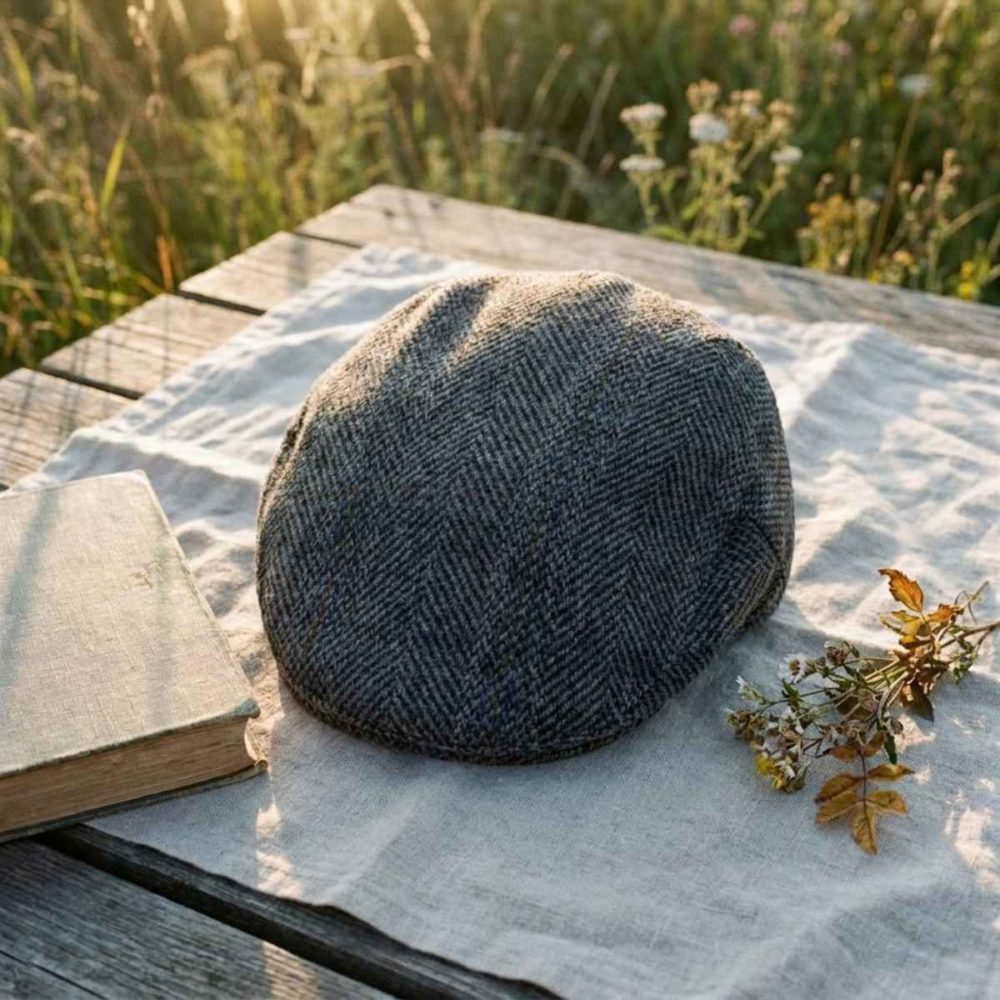 Reduced 1 Grey Herringbone Check Traditional Flat Cap