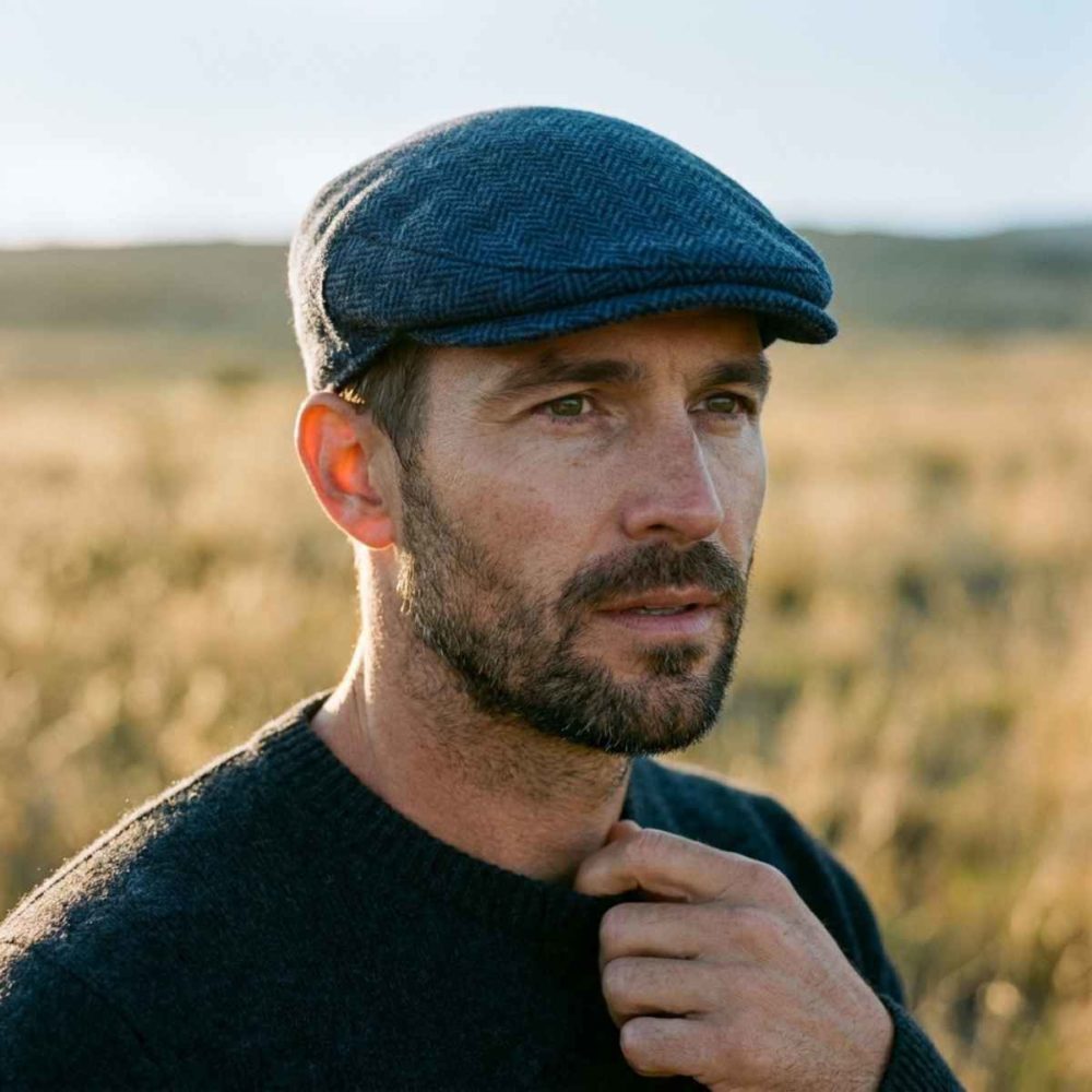 Reduced 1 Navy Herringbone Traditional Flat Cap