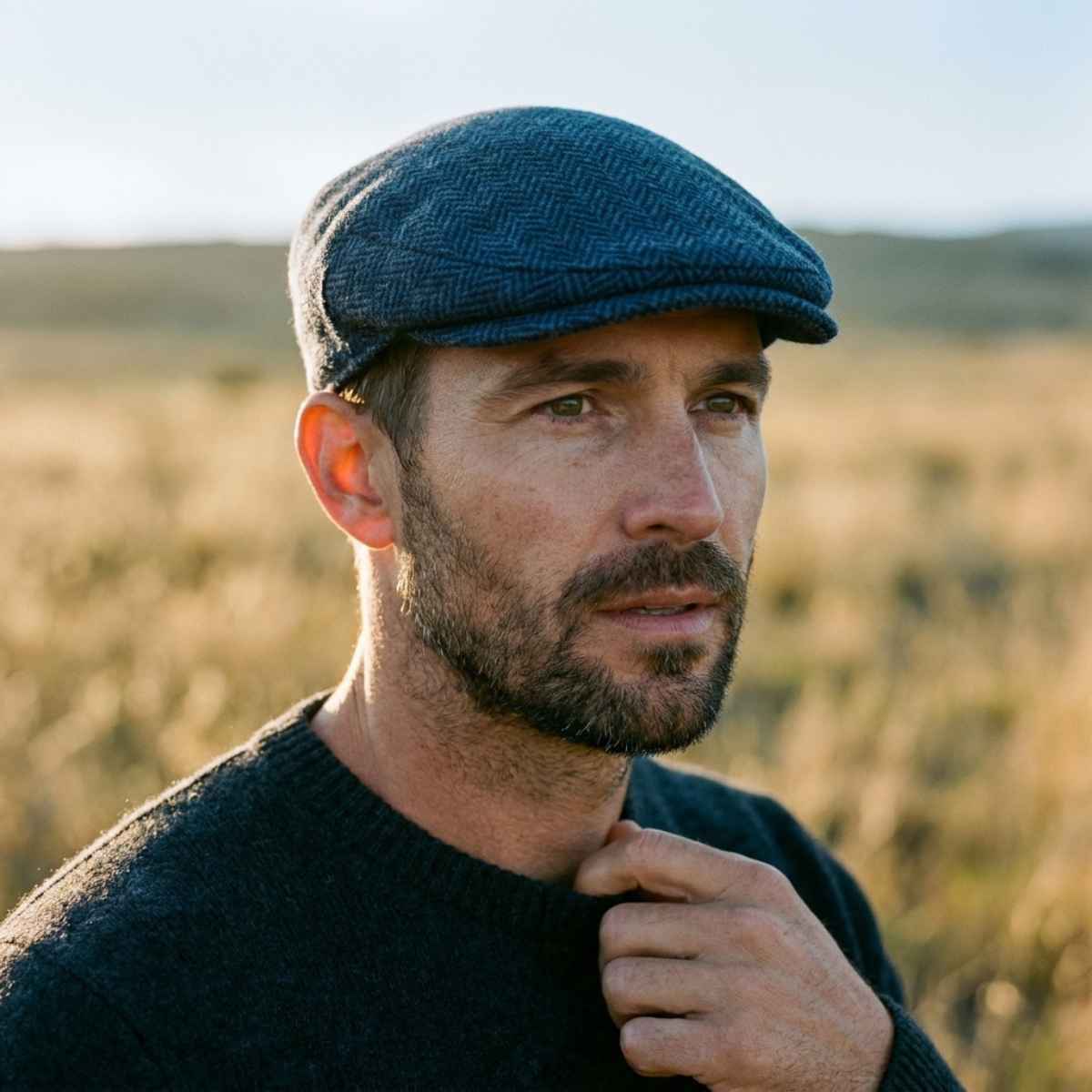 Navy Herringbone Traditional Flat Cap