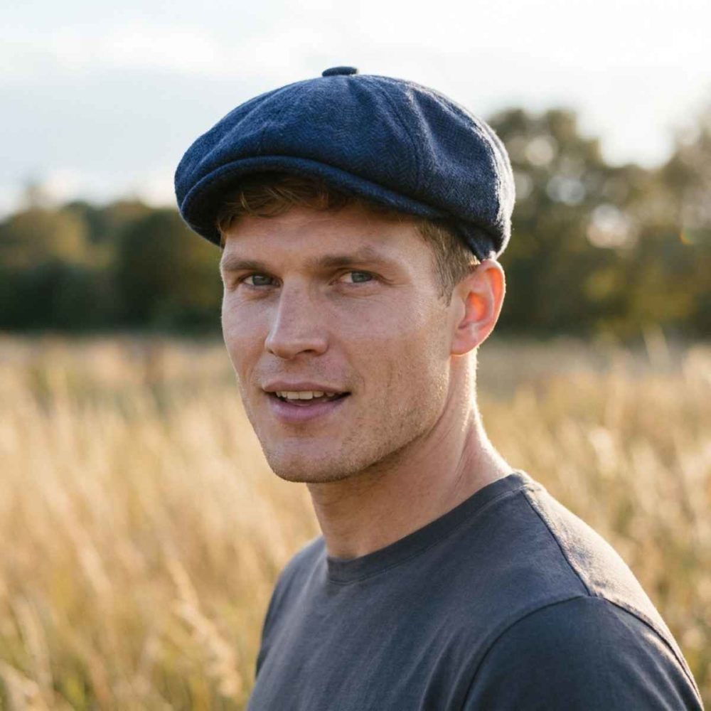 Reduced 1 Navy Blue Herringbone Baker Boy Cap