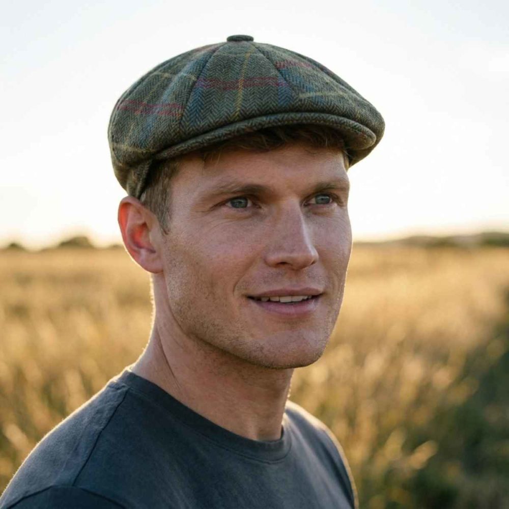 Reduced 2 Green Herringbone Check Baker Boy Cap